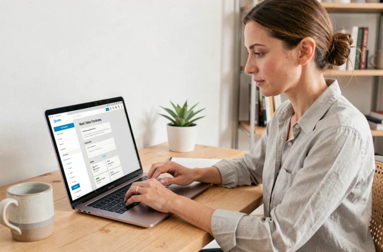 Femme naviguant sur un site de santé bien structuré depuis son bureau à domicile