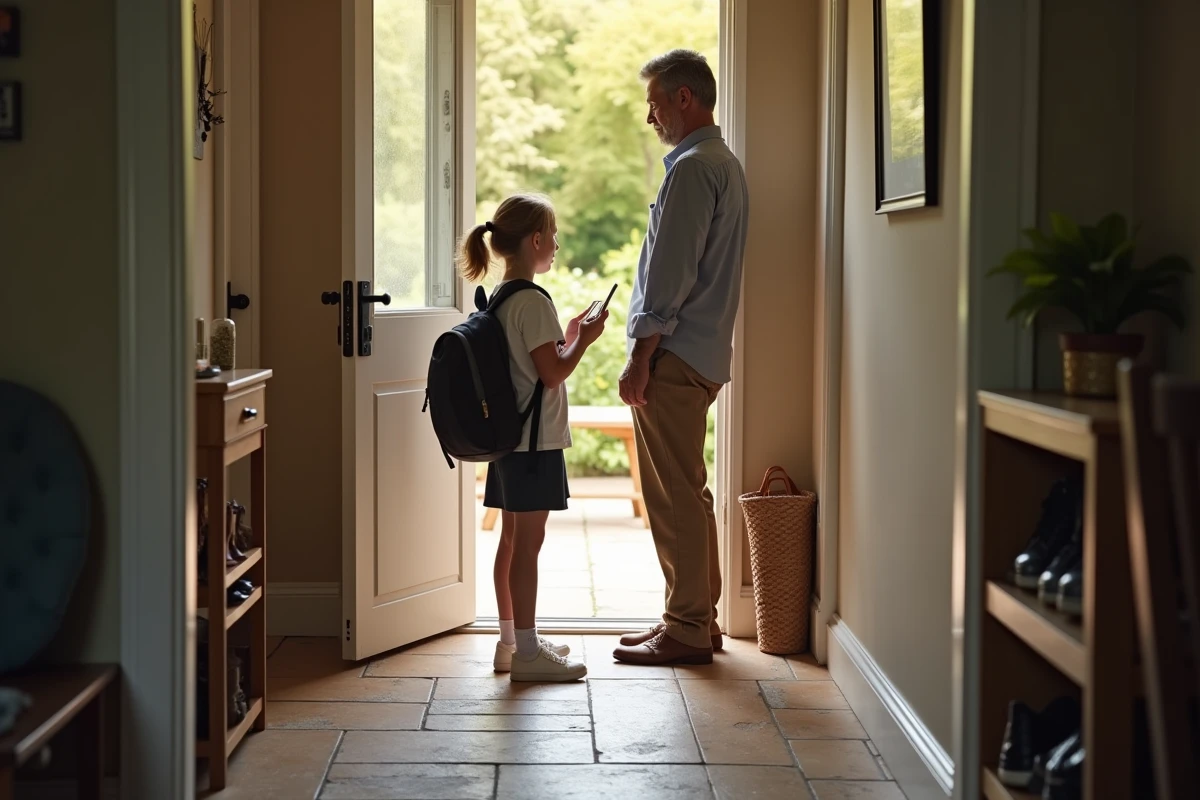 Pere aidant sa fille à vérifier une notification sur smartphone