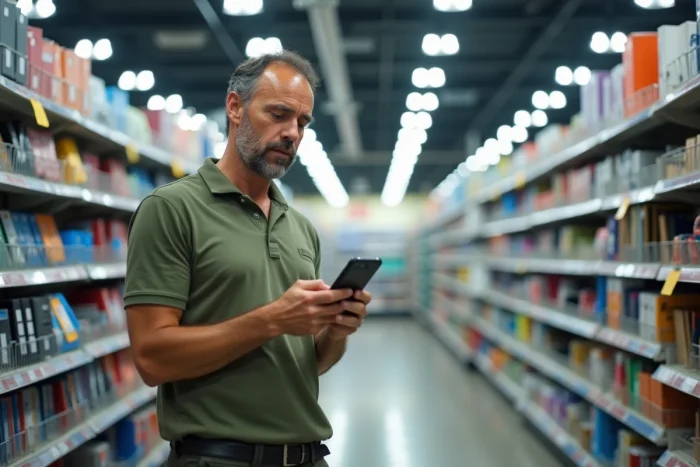 Père de famille consultant la liste scolaire numérique sur smartphone dans un magasin de fournitures scolaires pour préparer la rentrée 2026