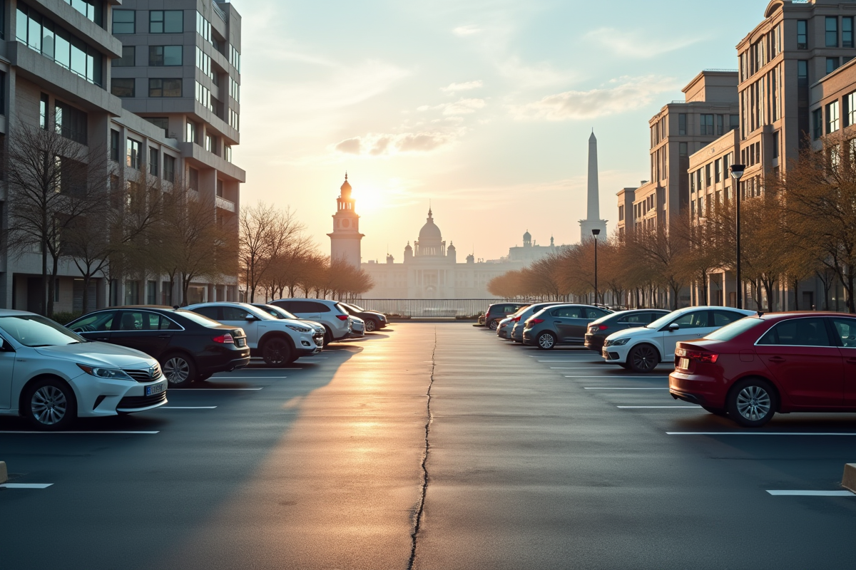 Place de parking vide dans une ville touristique animée au matin