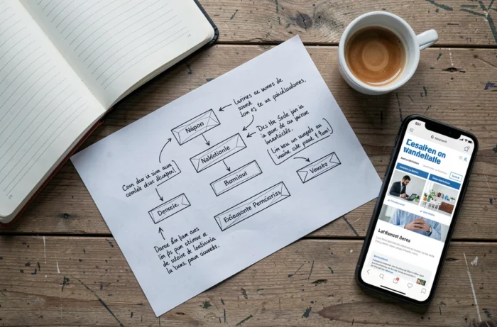 Vue aérienne d'un bureau avec un plan de structure de site web santé et des annotations manuscrites
