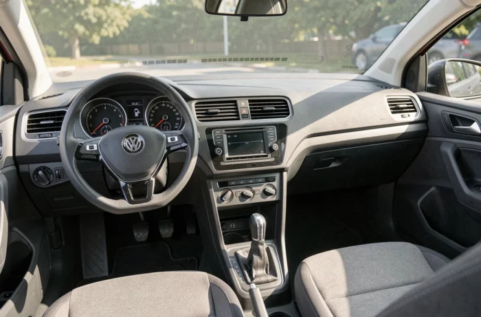 Intérieur du tableau de bord de la Volkswagen Polo 6R avec volant, instrumentation et console centrale en détail réaliste
