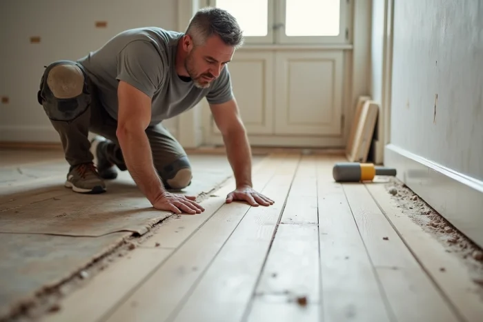 Homme posant des dalles de sol PVC clipsables sur un ancien carrelage lors d'une rénovation de pièce