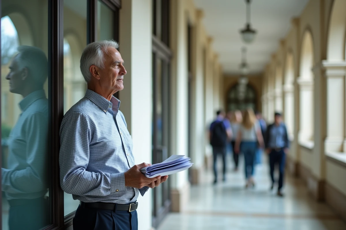 Professeur regardant par la fenêtre dans un couloir universitaire