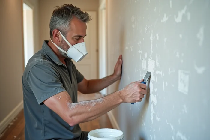 Homme appliquant un enduit de rebouchage sur une fissure murale dans un couloir avec un couteau à enduire