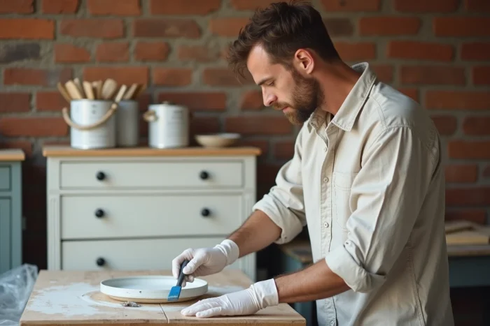 Homme appliquant une peinture d'accroche à la brosse sur un meuble en bois ancien dans un atelier