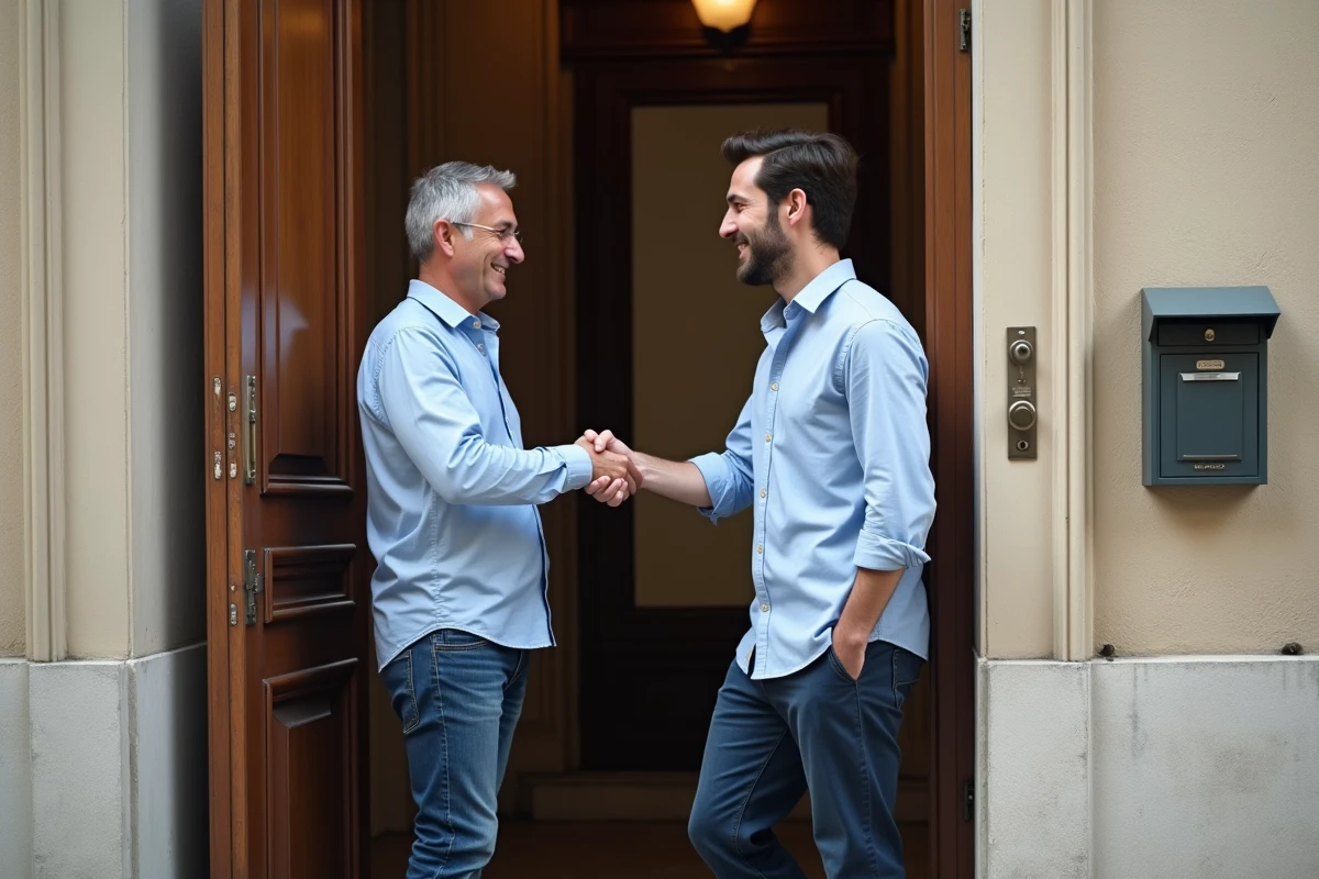 Deux hommes se serrant la main devant un appartement parisien