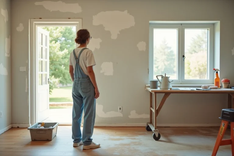 Femme en combinaison de travail supervisant une pièce en cours de rénovation avec outils et matériaux de bricolage