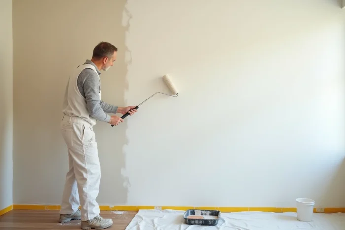 Homme appliquant une nouvelle couche de peinture blanche sur un mur déjà peint sans décapage avec un rouleau