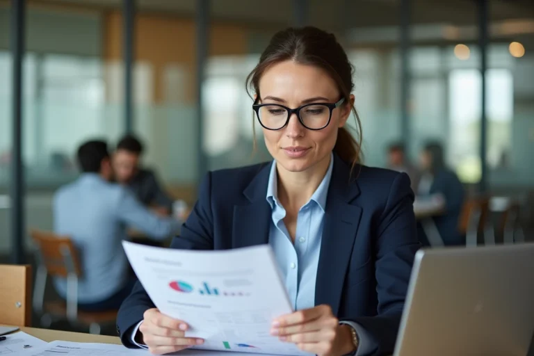 Responsable RH analysant un document de stratégie DRP dans un open space moderne