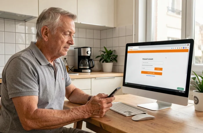 Un retraité consultant son smartphone et son ordinateur pour réinitialiser son accès au compte retraite Orange
