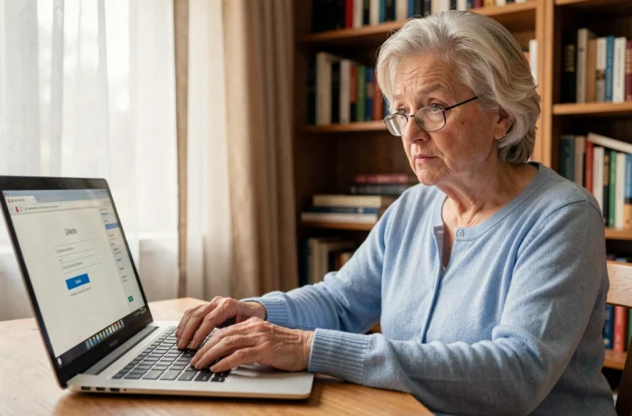 Une femme retraitée devant son ordinateur portable essayant de récupérer son mot de passe sur le guichet unique Orange