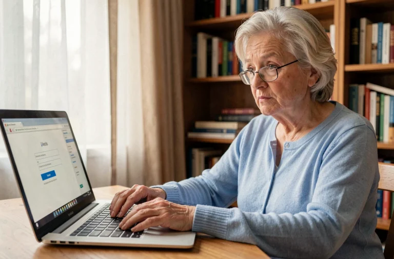 Une femme retraitée devant son ordinateur portable essayant de récupérer son mot de passe sur le guichet unique Orange