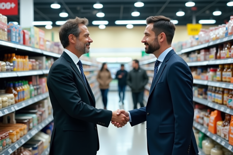 Deux dirigeants d'entreprise se serrant la main dans un supermarché moderne