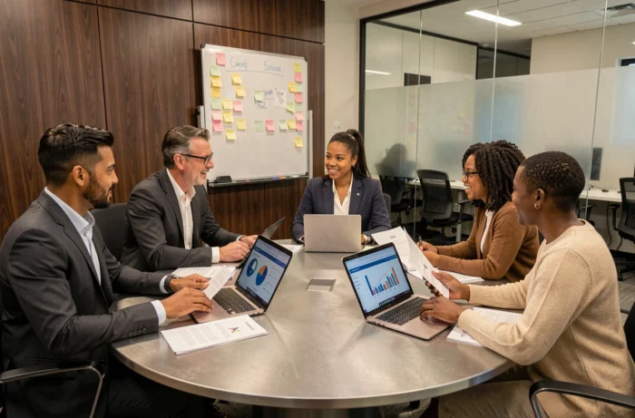 Réunion de décideurs en entreprise autour d'une table de conférence pour discuter des dernières innovations et tendances du marché