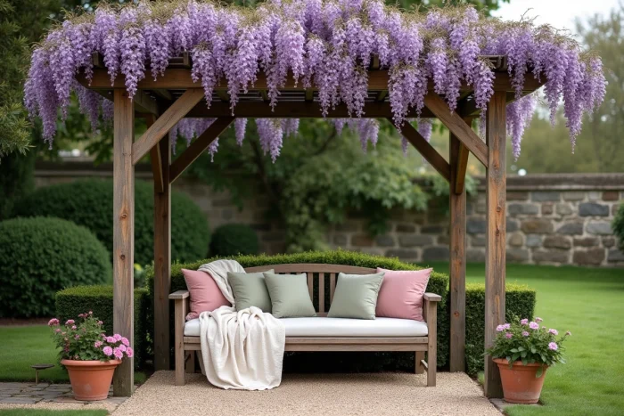 Coin salon de jardin sous une pergola de glycine avec banc en teck et coussins en lin dans un jardin apaisant