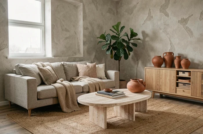 Salon scandinave décoré avec canapé en lin beige, table basse en travertin et vases en céramique terracotta pour une ambiance intérieure chaleureuse et stylée