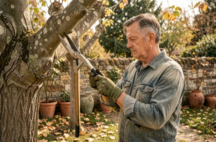 Jardinier expérimenté en train de tailler un mûrier platane dans un jardin de campagne français, tenant des sécateurs professionnels