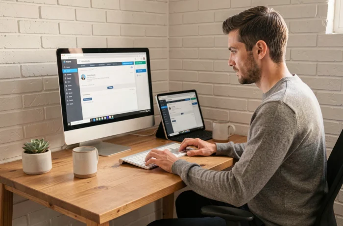 Homme en télétravail accédant à IntraParis nomade depuis son bureau à domicile sur ordinateur et tablette