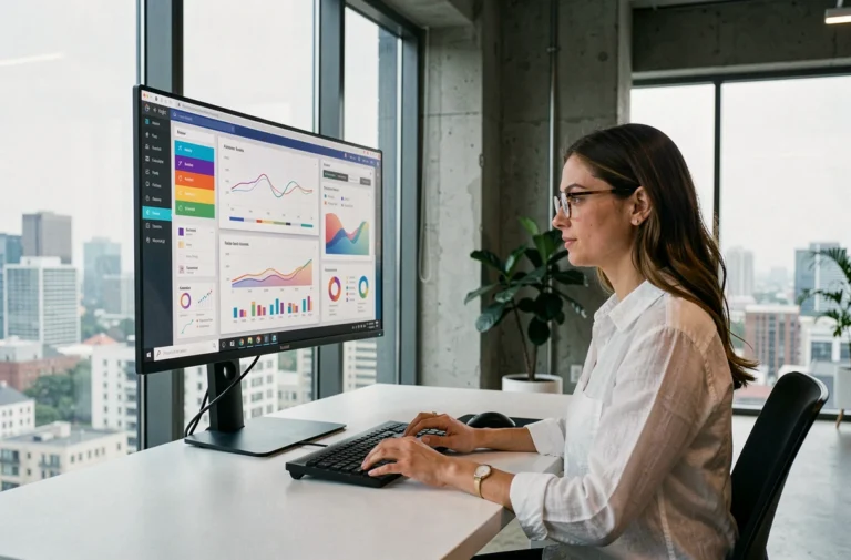 Femme développeuse web consultant des tendances numériques 2024 sur un grand écran dans un bureau moderne
