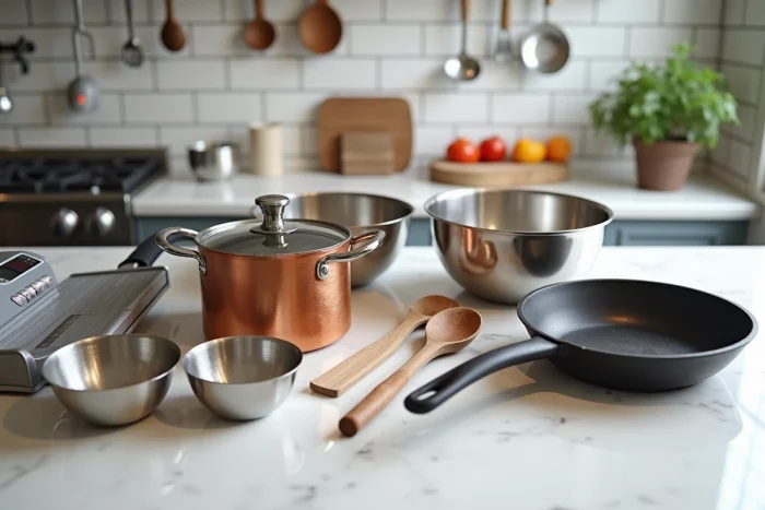 Vue aérienne des ustensiles indispensables de cuisine professionnelle disposés sur un plan de travail en marbre blanc