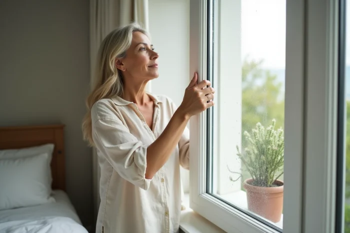 Femme ouvrant une fenêtre en bois pour ventiler une chambre et prévenir l'humidité