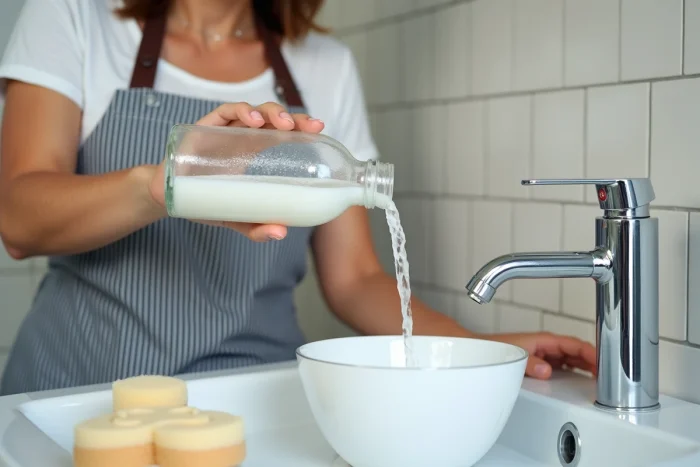 Femme versant du vinaigre blanc pour détartrer un robinet chromé dans une salle de bain