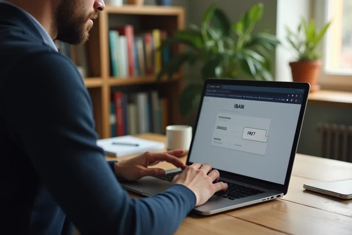 Homme effectuant un virement bancaire en ligne avec le code IBAN FR76 visible sur l'écran de son ordinateur portable