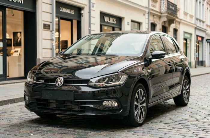 Volkswagen Polo 6R noire garée dans une rue urbaine européenne, vue de face trois-quarts, reflets architecturaux sur la carrosserie